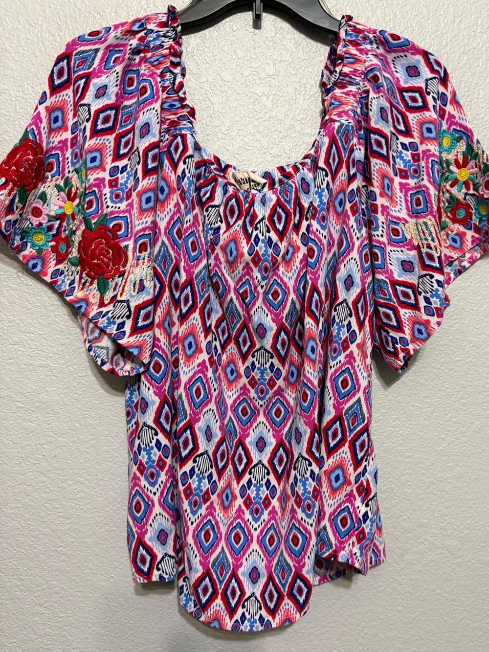 Savanna Jane Floral Embroidered Pink Multi Women’s Peasant Top